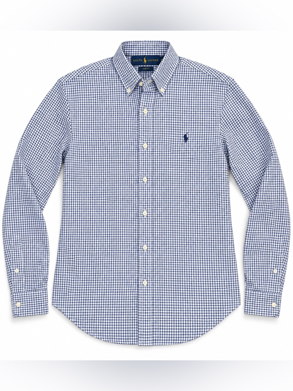 Polo Ralph Lauren Men’s Medium Slim Fit Blue White Check Long Sleeve Button Up